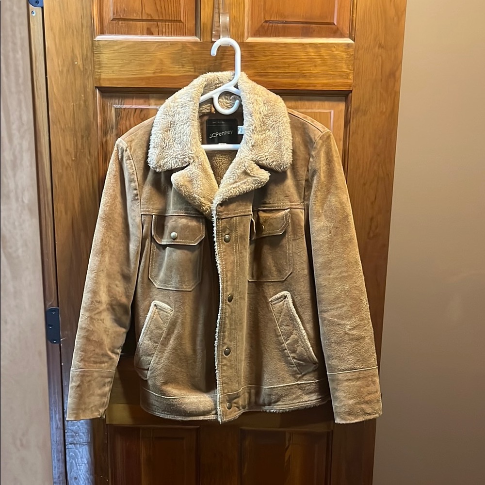 Vintage 70s JCPenny Sherpa Suede Brown Tan Leather Jacket Coat Mens Size L